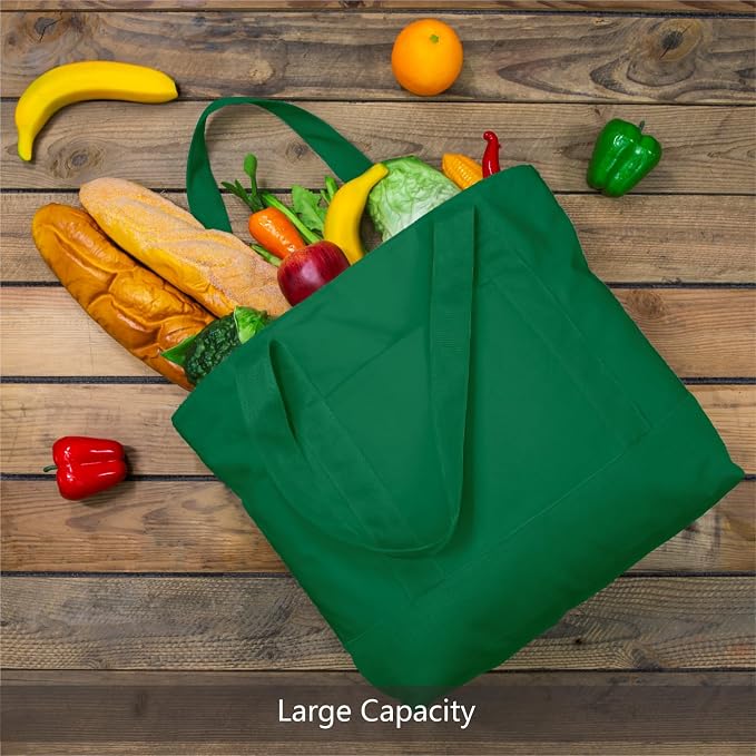 TOPDesign 1-Pack Canvas Tote Bag with an External Pocket, Reusable Grocery Shopping Bag, Top Zipper Closure, Daily Essentials (Green) - Image 4