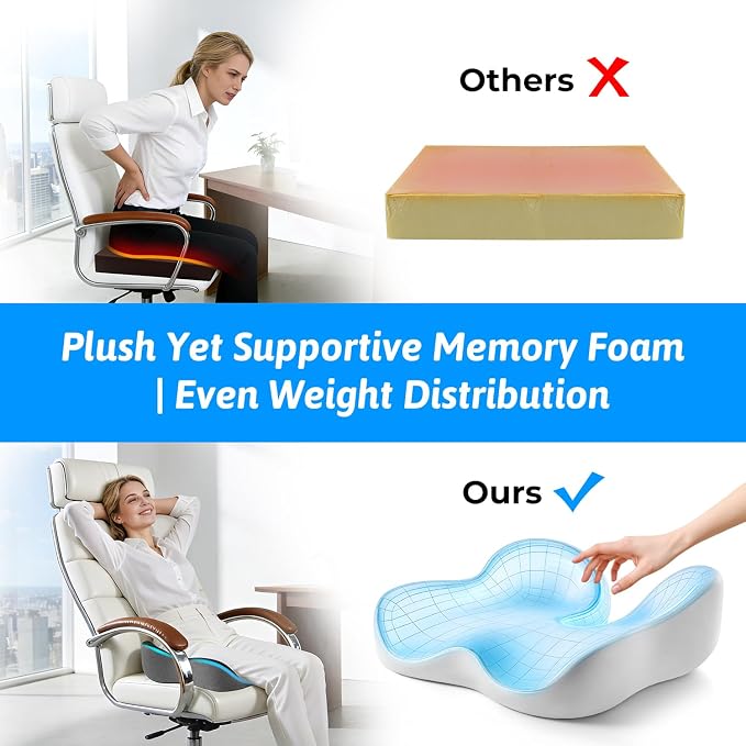 Seat Cushion for Tailbone & Sciatica Pain Relief | Certified & Ergonomist-Designed,Tapered Front Edge Reduces Thigh Pressure,Wide Memory Foam for Office Chair, Car, Wheelchair - Image 5