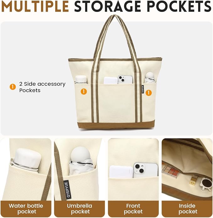 Large Canvas Tote Bag for Women, Beach Bag with Zipper, Utility Tote Bag with 3 Front Pockets, Weekender Pool Bag - Image 4