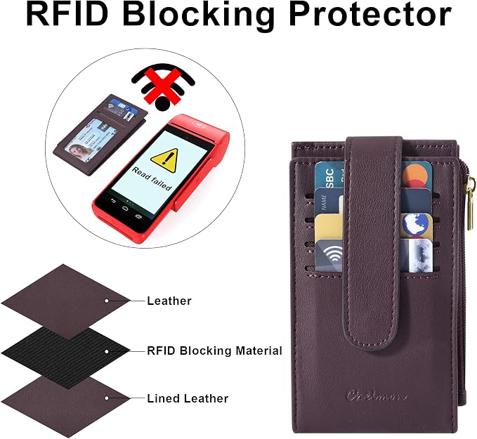 Chelmon Women's RFID Slim Card Holder Wallet | Thin Bifold Multi Card Case with Zipper Coin Pocket Purse for Women(Wine Red) - Image 3