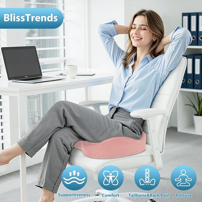 BlissTrends Extra Thick Seat Cushion for Office Chair & Car Seat, Pink | Tailbone & Sciatica Relief, Ergonomic Support, High-Density Memory Foam, Comfort for Extended Sitting - Image 4