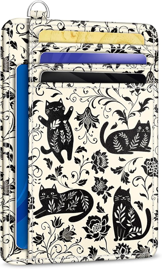 Yonlevres Cat Credit Card Holder Small Wallet Women RFID Blocking Slim Cute | Front Pocket, Handy, RFID Blocking, Woman Girls Ladies Gifts, D-ring for Keychain,Thin Mini Card Case, ID Window, PU Leather by Yonlevres