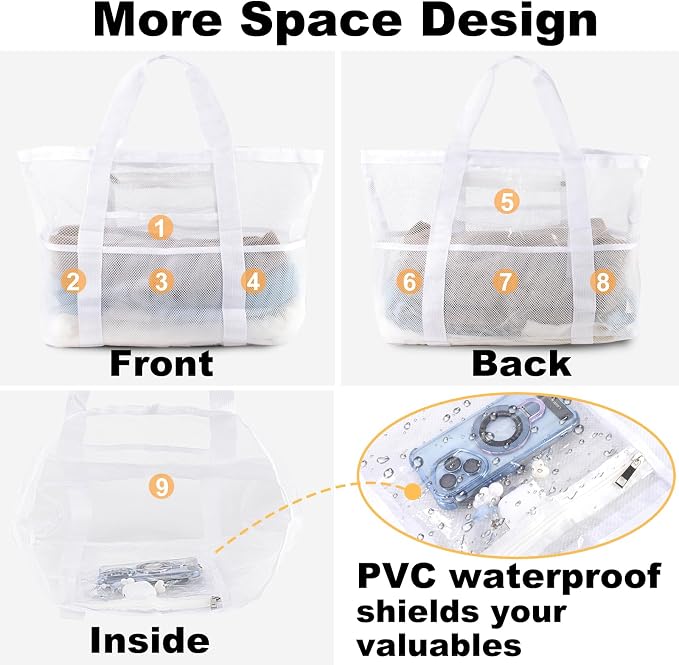 CaCTOUR Mesh Beach Bag,Large Beach Bags for Women with 8 Pockets,Packable Tote Bag for Beach Cruise Pool Vacation Essentials - Image 5