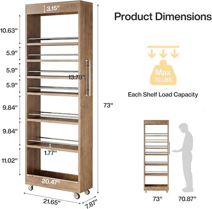 Tribesigns 73" Tall Slim Storage Cart on Rubber Wheels, 7-Tier Narrow Pantry Cabinet, Rolling Skinny Spice Rack Organizer Next to Fridge, Wooden Pull-Out Storage Shelf for Kitchen Small Spaces, Brown - Image 2