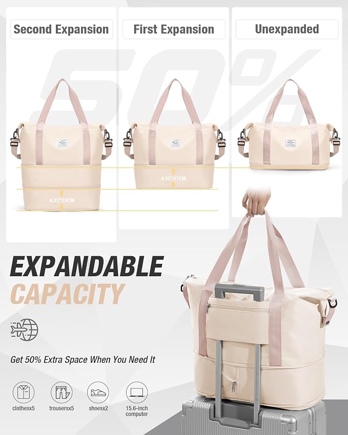 Expandable Travel Duffle Bag for Women Men, Large Gym Bag Travel Tote Bags, Waterproof Carry On Personal Item Bag Airline Approved, Workout Weekender Bag for Overnight Trips with Luggage Sleeve, Beige | Waterproof Carry On Personal Item Duffel Bag 40L ... - Image 3