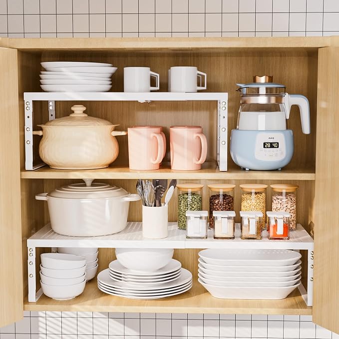 Cabinet Shelf,Expandable Adjustable Stackable Kitchen Organizer,for cabinets, Kitchens, countertops, bathrooms Shelf Organizer(3Packs/White,Medium) - Image 8