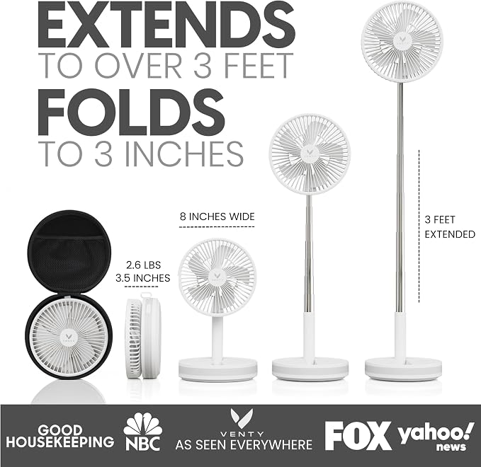VENTY Portable Fan - Wireless Battery Operated Fan - 4 Speeds - LED Lighting - Carry Case & Remote Control - Cruise Travel - Outdoor Travel RV Power Bank With USB-C Port (White with Case) - Image 2