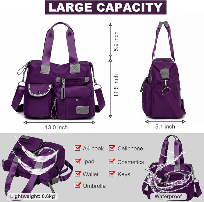Tote Bag for Women,Multi Pockets Shoulder Handbag,Nurse Bag for Work,Large Cross body Purse,Fashion Nylon Top Handle Satchel - Image 6