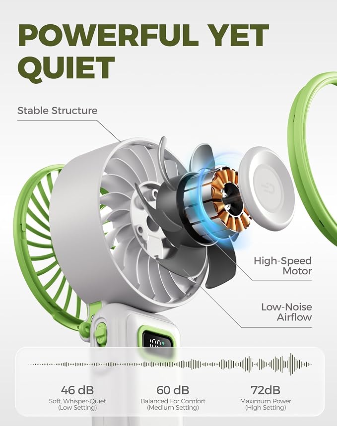 Diveblues Portable Turbo Fan, 7.4m/s High Speed Handheld Fan, 180° Foldable 4-in-1 Personal Neck Fan with Carabiner Clip, 100 Speed Stepless Control, USB-C Rechargeable for Travel, Makeup Hot Flashes - Image 9