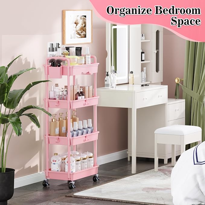SUNALLY 4 Tier Rolling Cart with Drawer, Craft Storage Cart Organizer, Pink | Bathroom Storage Organizer with 2 Lockable Wheels, Rolling Utility Cart for Kitchen, Office, Baby, Makeup, Nail,Snack,Laundry - Image 7