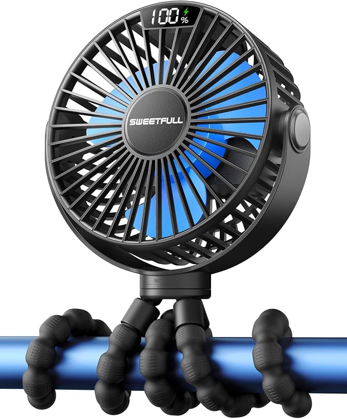 SWEETFULL 4000mAh Portable Stroller Fan with LED Display, 4 Speed Rechargeable Mini Clip On Fan, 360° Rotate Flexible Tripod Better Cooling Small Baby Fan for Car Seat Crib Travel Treadmill by SWEETFULL