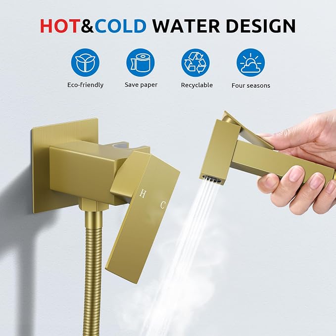 Arofa Built-in Hot and Cold Bidet Sprayer, Hands-Free Control, Brushed Gold | Wall-Mounted Design, Dual Control Modes, Leak-Free Hose, Feminine/Baby/Pet Wash, Cloth Clean & Rinse, Stainless Steel, Square - Image 2