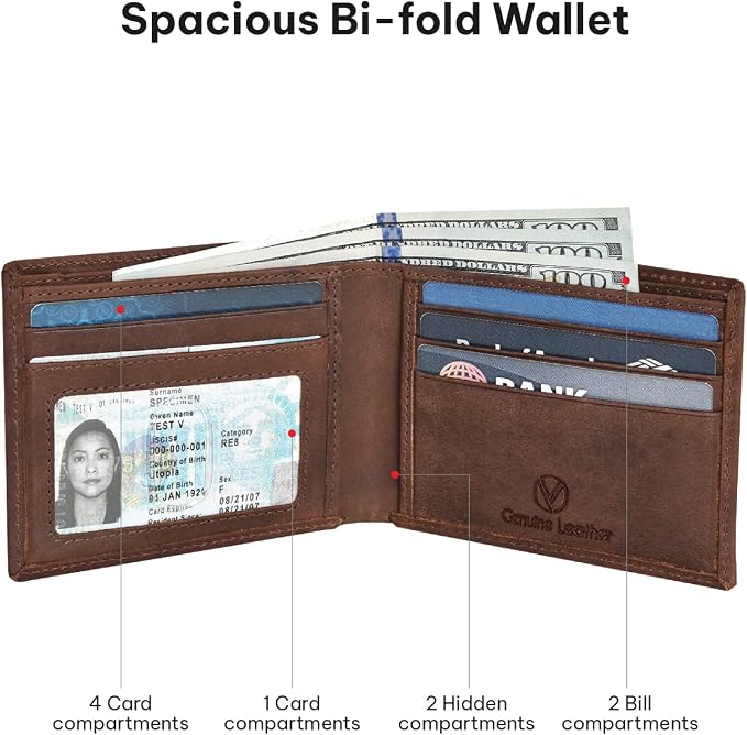 VALENCHI Genuine/Real Leather Bifold Wallet For Men - RFID Blocking/Protected Men's Slim Wallet - Christmas Gifts For Men (Brown Crazy Horse BF01) - Image 3