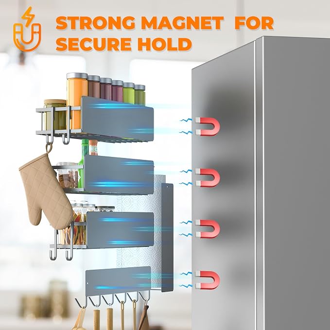 5 Pack Multifunctional Magnetic Shelves for Refrigerator Spice Rack & Washing Machine Organize, Include Paper Towel Holder, Kitchen Utensil Hanger and Hooks, Strong Magnet for Secure Hold (Gray) - Image 4
