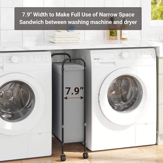 ELYKEN Slim Laundry Hamper with Lid & Wheels, 50L Rolling Laundry Basket | 7.9" Narrow Design, 50L, Removable Liner Bag, Lockable Wheels, Space Saving Clothes Hamper for Bathroom, Bedroom, Closet - Image 7
