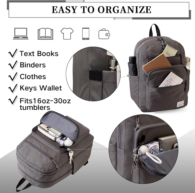 VASCHY School Backpack for Men, Unisex Large Bookbag Schoolbag Casual Daypack for High School/College/Teens/Travel/Work Gray - Image 6