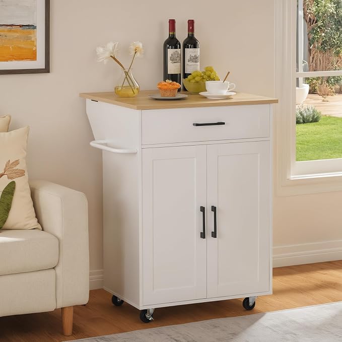 MAHANCRIS Kitchen Island on Wheels with Drop Leaf, Folding Countertop Kitchen Island Cart, Kitchen Island Table with Towel Rack, Drawer, for Kitchen, Dining Room, White and Natural KINW12501 - Image 8