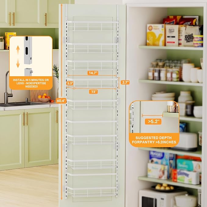 Over The Door Pantry Organizer, 8 Tier Adjustable Pantry Door Organization and Storage, Spice Rack with Hooks Mounted Shelves for Pantry Kitchen Essentials, White - Image 3