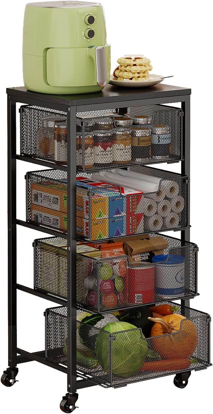 4-Tier Fruit Vegetable Storage Cart - Kitchen Organizer and Storage Cart with Wheels, Wooden Top Metal Wire Fruit Vegetable Rack Stand with Drawers to Storage Cans Snacks for Kitchen(Patent Pending) - Image 9