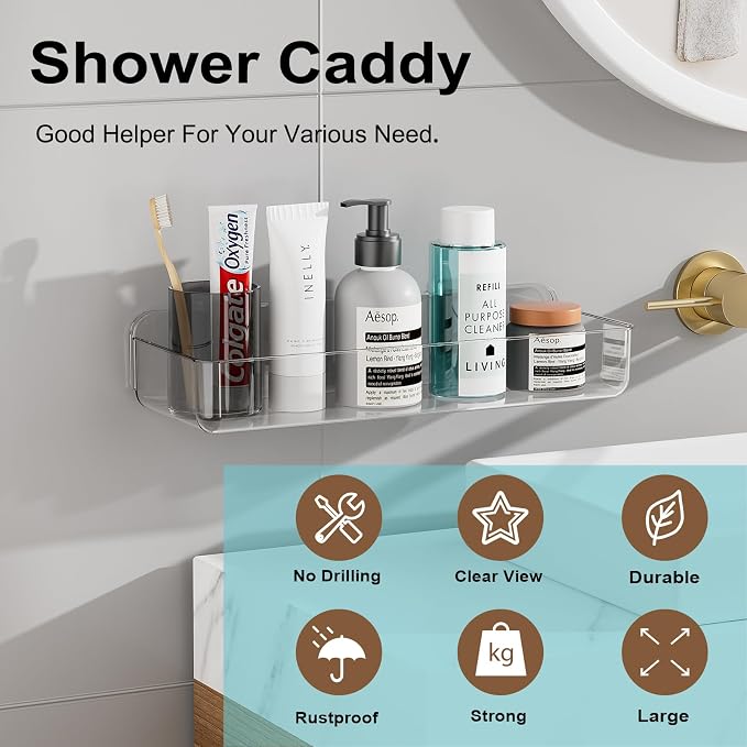 ZEXALOR Wall Mounted Storage Organizer Bins Organizing Shelf Basket Clear Plastic Makeup Organizer Adhesive Hanging Bin Fridge Organizer for Bathroom,Kitchen,Cabinet,Pantry,Countertops (13.7×5×2.7”) - Image 3