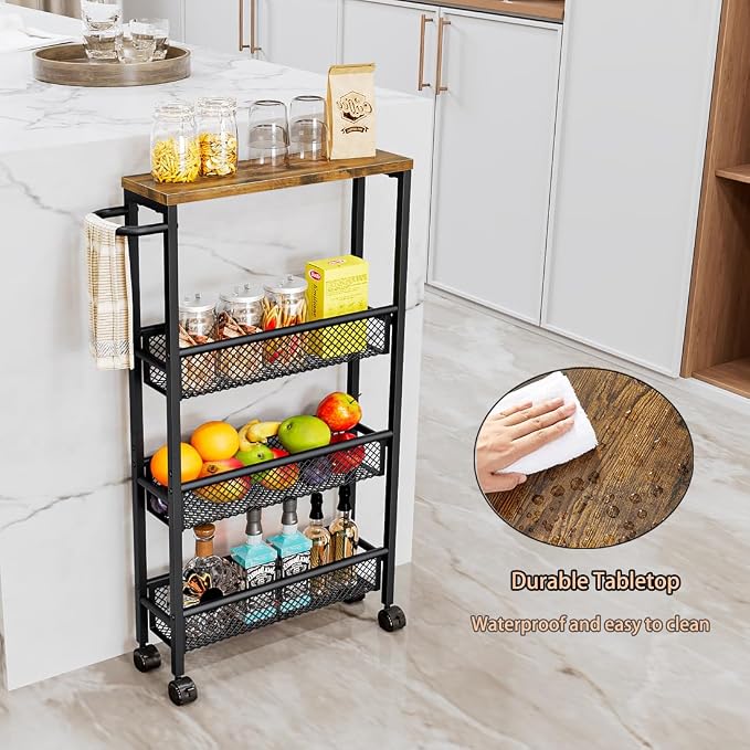 Slim Rolling Cart 4 Tier Narrow Storage Cart on Wheels with Handle | Lockable Wheels, Wood Top Panel, Metal Frame Utility Carts for Kitchen, Dining, Living, Home Office, Laundry Room - Image 3