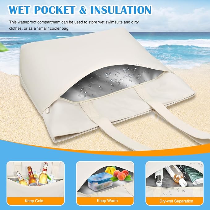 HUANLANG Large Beach Bags for Women Pool Bag with Zipper, Waterproof Sandproof Beach Tote Travel Bag with Wet Pocket - Image 6