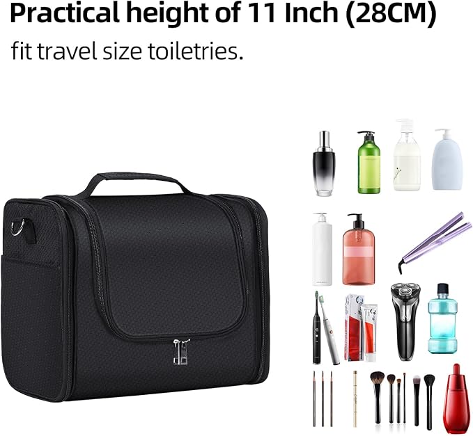 Buruis Extra Large Hanging Toiletry Bag for Women and Men, Black | Honeycomb Nylon, Detachable Shoulder Strap, Dual Zippers, Metal Hanging Hook, Full-Size Toiletry Storage, Travel Essentials - Image 7