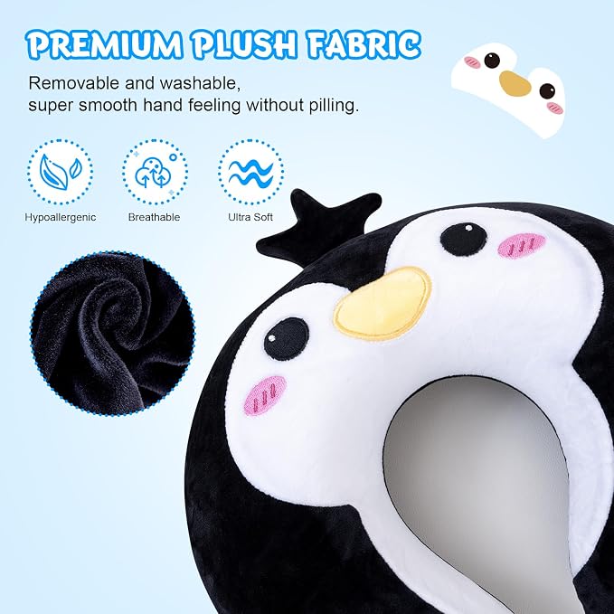Cirorld Travel Pillow for Kids Adult Cute Neck Pillow for Traveling Memory Foam Airplane Pillow Sleep Mask Animal Flight Pillow Head Rest Neck Support for Cars Long Flights (Penguin, 9-12 Y/O) - Image 3