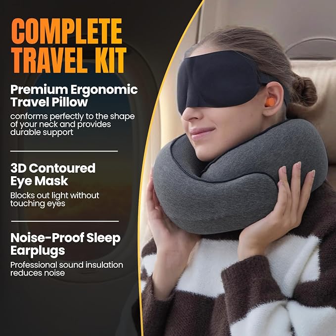 LOEXAIR™ Travel Pillow, Neck Pillow Travel for Airplane, Car - 100% Cotton Fabric & Memory Foam Plane Pillow, Lightweight & Easy-to-Carry on Flight, Full Travel Set (Eye Mask, Earplugs) - Dark Grey - Image 4