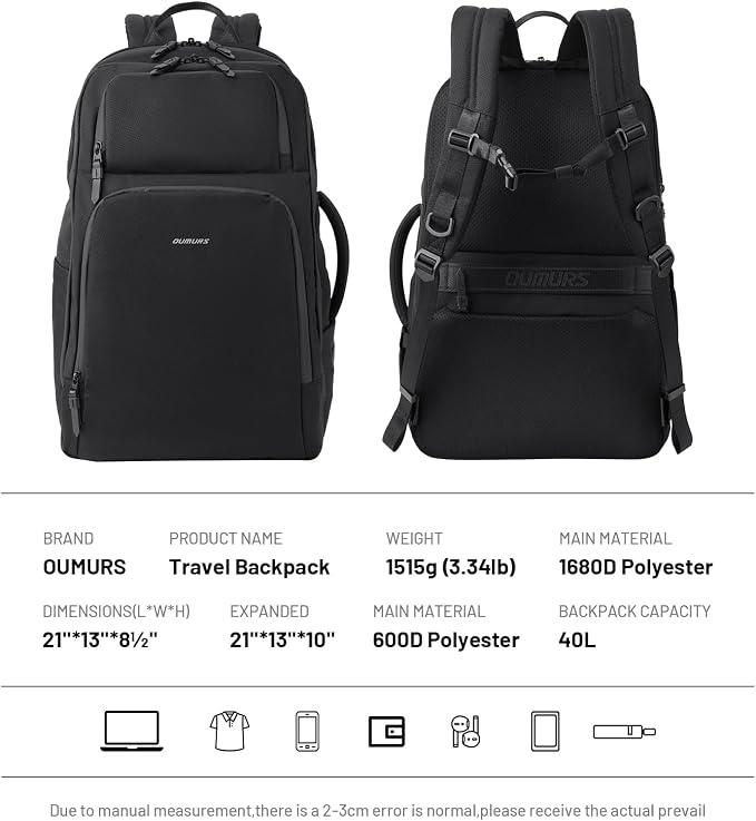 Oumurs Motorcycle Helmet Backpack for Long Travel with 30-40L Expandable Large Capacity Laptop Backpack Water-resistant Black 600D Polyester - Image 8