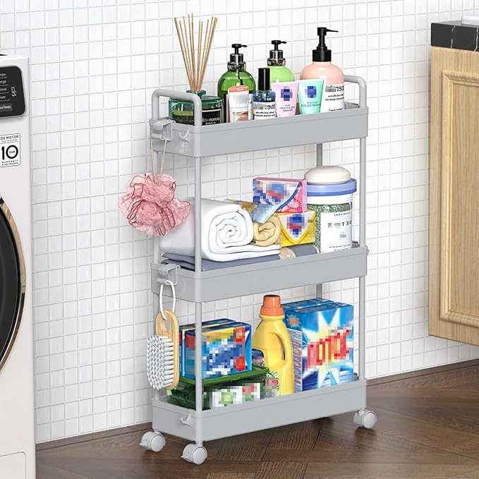SOLEJAZZ Slim Rolling Storage Cart Skinny Bathroom Organizer, 3 Tier, Gray | Thin utility cart with wheels for bathroom, laundry room, bedside, kitchen, dorm, office, next to fridge, small narrow places by SOLEJAZZ