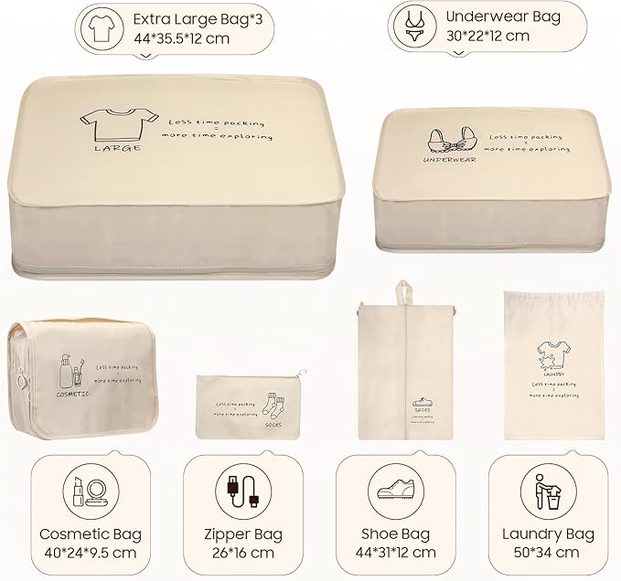 8 Set Travel Packing Organizers, Luggage Organization Bag, Beige | with Toiletry, Shoe & Laundry Bags, Packing Cubes for Travel Essentials, Cute Gifts for Women Girl - Image 2