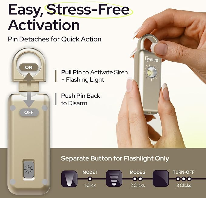 Personal Safety Alarm Keychain for Women, 130dB, LED Light, Gold Satin | USB-C Rechargeable, Bottom Speaker Siren, Wristlet and Carabiner Clip, Weatherproof, Low Battery Alert - Image 3