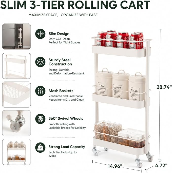 Narrow 3 Tier Rolling Cart, Slim Storage Cart for Bathroom Kitchen | 3 spacious tiers, durable carbon steel frame and smooth swivel wheels provide flexible storage and easy mobility. - Image 6