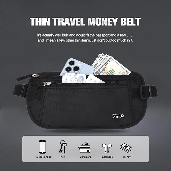 Unisex Money Belt For Men and Women, Slim Passport Holder RFID Blocking Travel Essentials Pouch with Adjustable Strap Small Waist Pouch for Workout Running Travelling Hiking, Black & Light Grey - Image 3