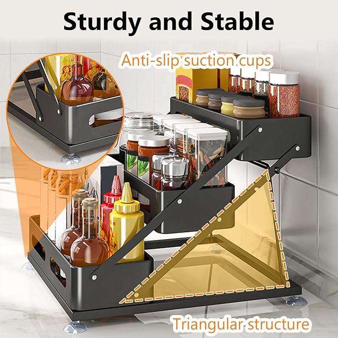 Ceetug 3 Tier Foldable Spice Rack, Black | Iron, For Countertop, Kitchen Seasoning Organizer, For Cabinet - Image 3
