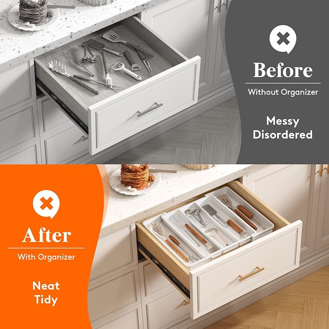 Lifewit Utensil Organizer for Kitchen Drawers, Expandable Utensil Tray | Adjustable Cooking Cutlery Silverware Flatware Holder, Plastic Spatula Tools Storage Divider, 11-18 x 14", White - Image 7