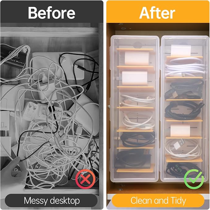PAVSTINE Clear Cable Organizer Box with Lid and Adjustable Dividers | Customizable Compartments, Stackable for Space Saving, Fits Chargers, Cords & Accessories, Compact for Desk or Drawer - Image 4