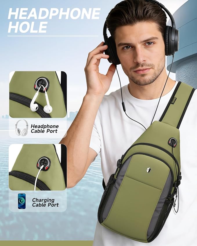 Tactical Sling Bag for Men, Expandable Army Green Chest Pack with Water Bottle Pocket & Earphone Port, Crossbody Backpack for Hiking, Travel & Outdoor, Fits Switch 2, 11 inch iPad | Mens Crossbody Bag - Image 7
