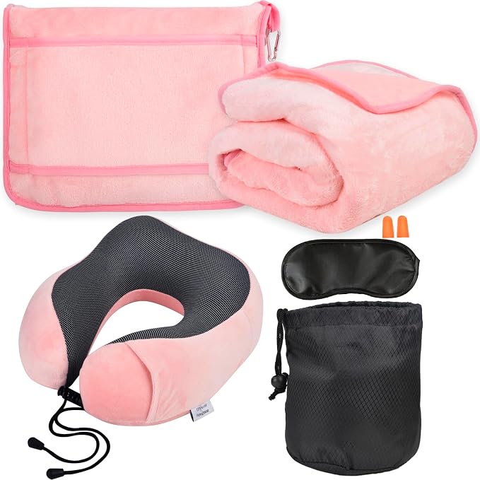 Travel Blanket and Pillow Set - Neck Pillow Airplane Essentials, Pink | Memory Foam, Sleep Mask, Earplugs with Bag, Fleece Soft Comfort for Long Plane Flight Traveling Car Road Trip Flying by Nerien