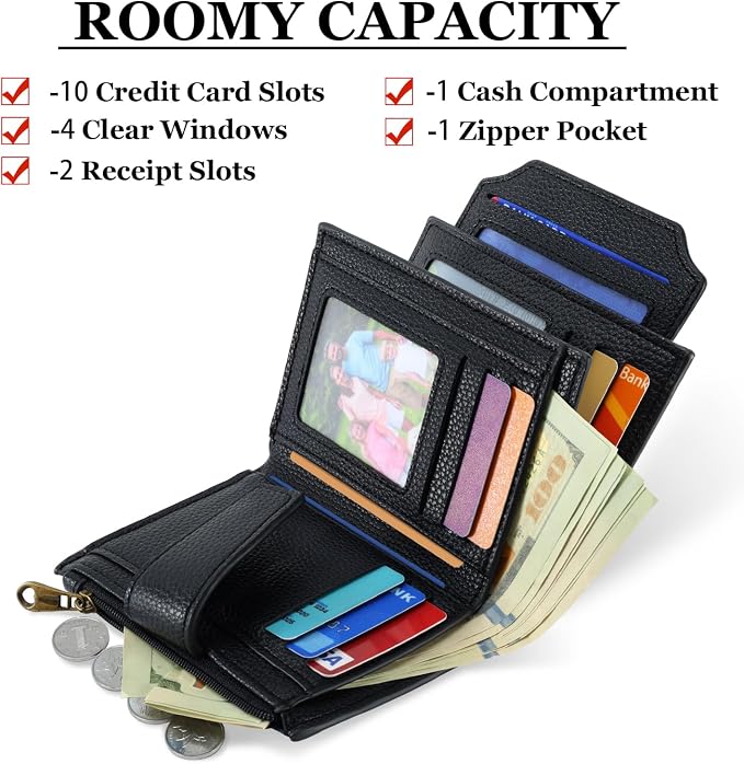 Small Wallet Women RFID Blocking Soft Leather Bifold Compact Card Holder Wallet for Women with Zipper Coin Pocket 4 ID Window - Image 2