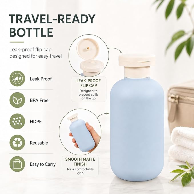 METAPACK 4Pack 6.8oz Travel Shampoo Bottles with Labels, Refillable Travel Bottles, Flip Top Squeeze Bottles, Portable Plastic Toiletry Containers for Lotion, Conditioner & Body Wash(grey, blue) - Image 4