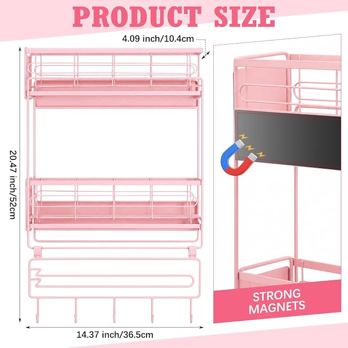 Vercraft 3 Tier Magnetic Dorm Fridge Organizer Heavy Duty 66lbs over Dorm Fridge Shelf Essentials Paper Towel Holder with Sliding Basket Hook Side of Fridges Storage Rack Space Saving Kitchen(Pink) - Image 2