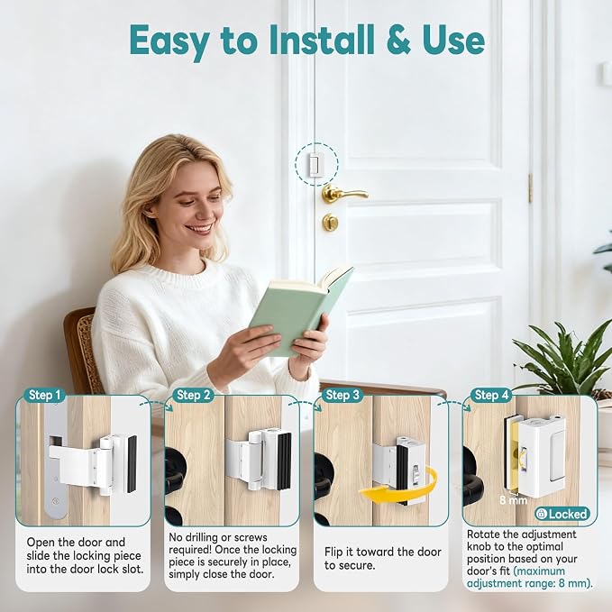 Upgraded Portable Security Door Reinforcement Lock - No Drilling Flip Lock Latch Prevents Unauthorized Entry Fits Inward-Opening Doors, Apartment, Hotel, Travel (White-2 Pcs) - Image 4
