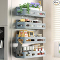 4-Pack Magnetic Spice Rack for Refrigerator with Hooks, Grey | Strong multipurpose magnetic shelf for kitchen & bathroom organization. Includes 4 removable hooks for hanging items. by Sevenblue