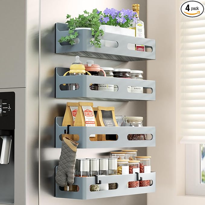 4-Pack Magnetic Spice Rack for Refrigerator with Hooks, Grey | Strong multipurpose magnetic shelf for kitchen & bathroom organization. Includes 4 removable hooks for hanging items. by Sevenblue