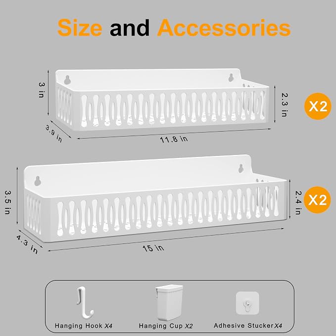 4-Pack Magnetic Spice Rack for Refrigerator with Hooks, White | Strong multipurpose magnetic shelf for kitchen & bathroom organization. Includes 4 removable hooks for hanging items. - Image 5