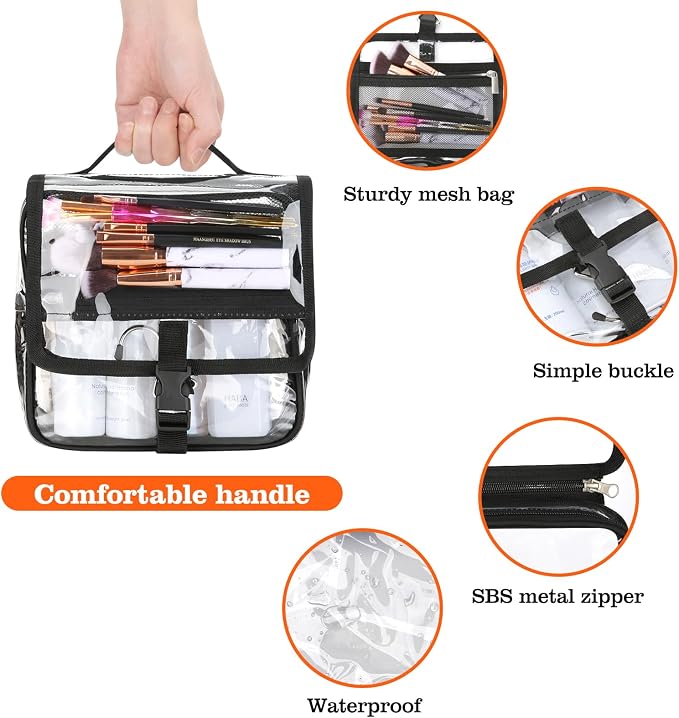Clear Toiletry Bag with TSA Liquids Travel Bag, Hanging Travel Transparent Makeup Cosmetic Organizer, Waterproof Carry On Airline 3-1-1 Compliant Bag Quart Sized Luggage Pouch (Black-Clear) - Image 5