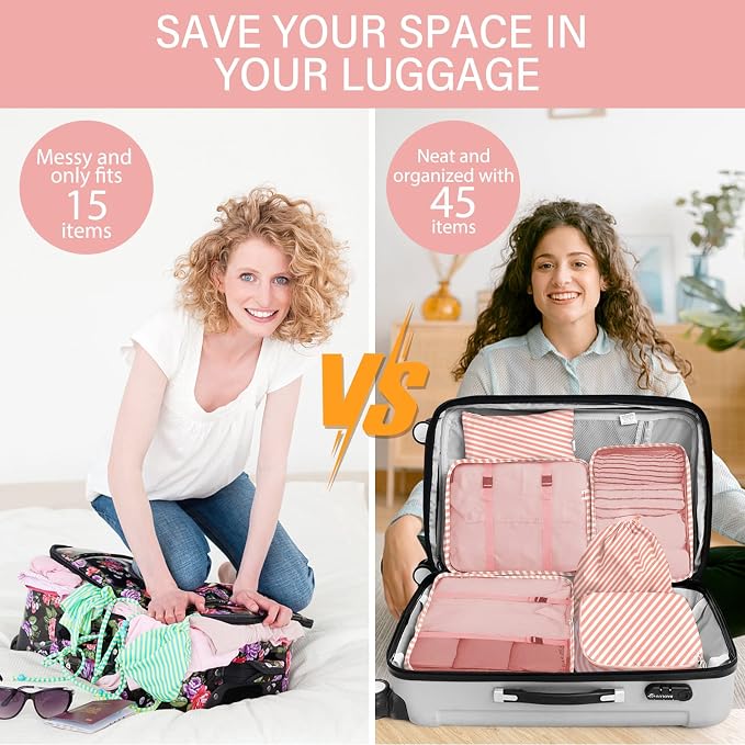 KPX 8 Set Packing Cubes for Travel, Luggage Packing Organizers Accessories Large Toiletries Bag for Clothes Shoes Cosmetics (Pink Strips) - Image 5