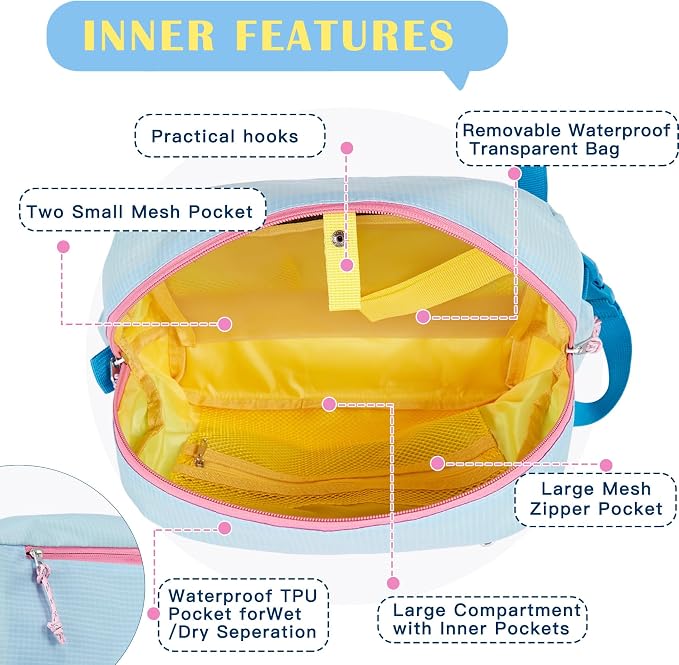 Waterproof Makeup Bag For Women Girls Men,Two-Tone Colorblock Travel Toiletry Bag With Wet Pocket & Removable Transparent Bag, 8L Large Capacity Lightweight Vacation Essentials (Sky Blue+Yellow) - Image 5